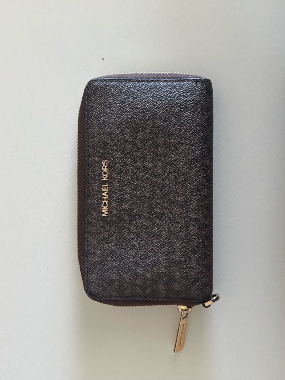 Michael Kors Brown Leather Zip Card Holder with Gold Logo